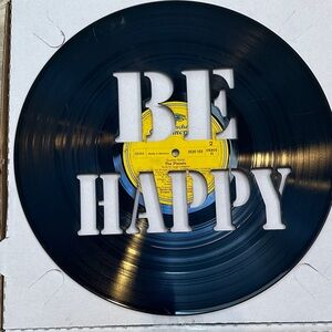 Black Vinyl Record Wall Art with 'Be Happy' Cutout